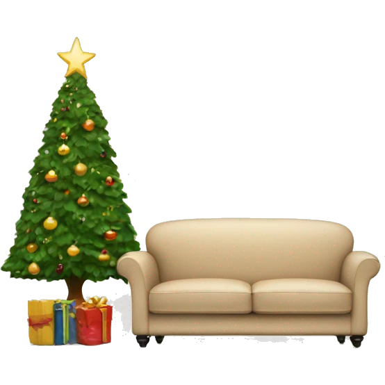 beige sofa books and christmas tree emoji