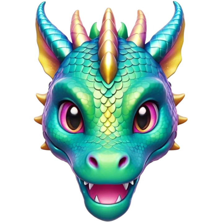 Cinematic Cute Dragon Portrait Emoji, Head tilted playfully and inquisitively, with a sleek, serpentine body adorned in iridescent scales and a charming, expressive face featuring subtle, delicate horns, round, sparkling eyes brimming with curious magic, Simplified yet irresistibly adorable features, highly detailed, glowing with a warm, enchanting glow, high shine, affectionate and mystical, stylized with a touch of whimsical fantasy, soft glowing outline, capturing the essence of a mischievous yet loving dragon that feels like it could slither out of the screen into your arms! emoji