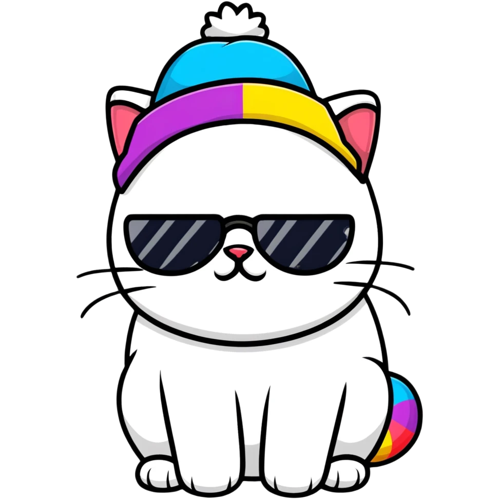 grumpy cat wearing a rainbow beanie and heart-shaped sunglasses emoji