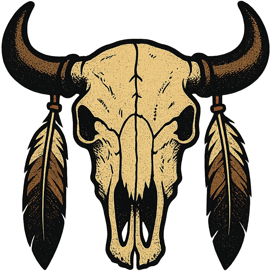 A native American buffalo skull with feathers hanging from both horns. Make the skull symmetrical facing the front emoji
