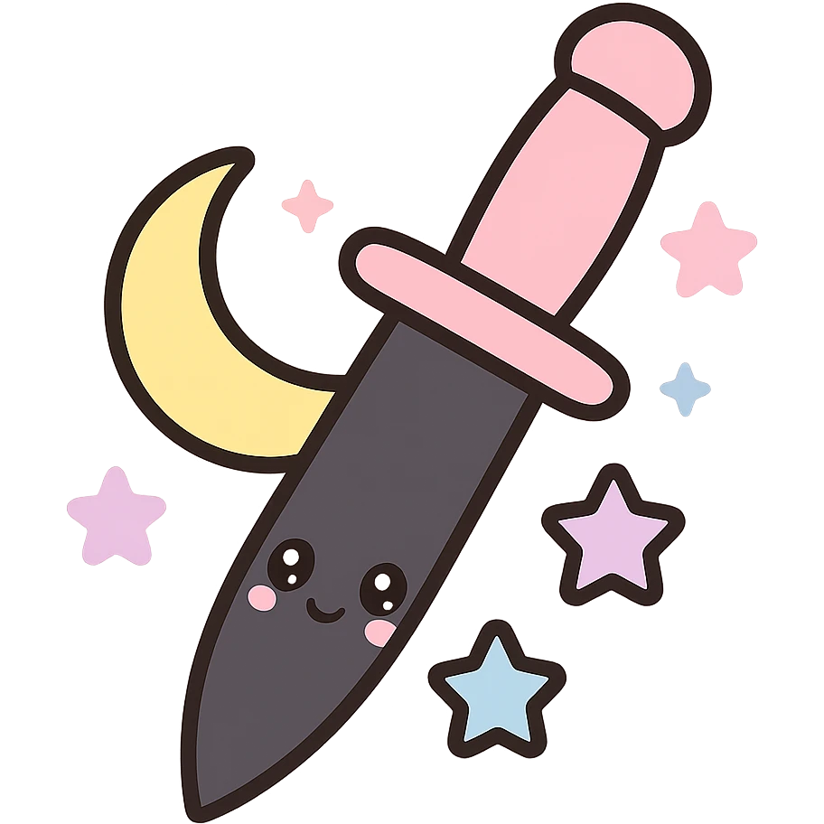 gothic knife, black and pink, with moon and stars, kawaii style emoji