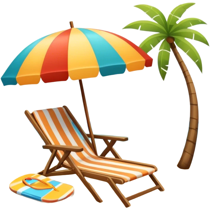 Icon for Beach Tourism: a sandy beach with a lounge chair, sun umbrella and flip-flops, ocean landscape in the background. The icon should capture the relaxation and fun of a beach vacation. Transparent background emoji