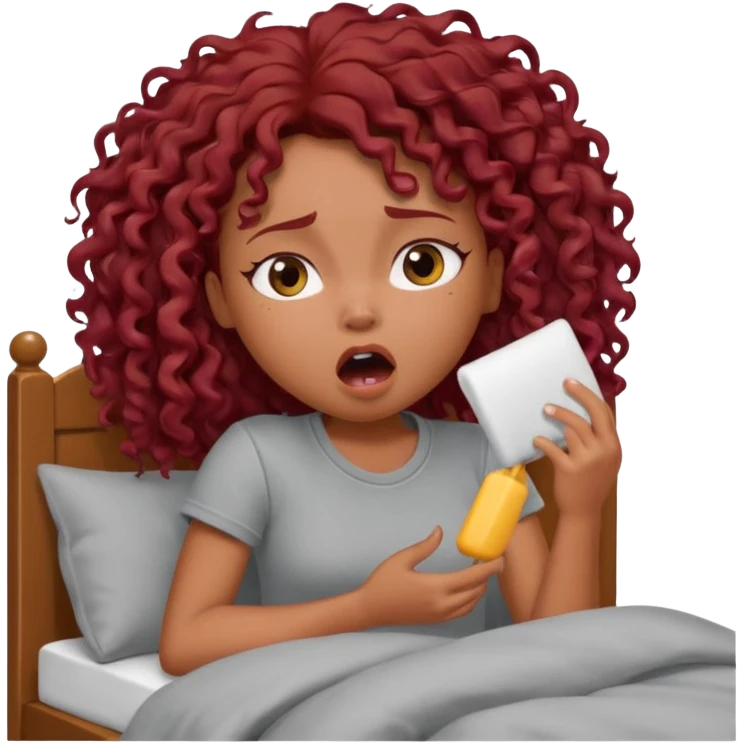 generate a pretty bratz brown skinned girl curly dark red hair, yawning in bed in a grey tshirt bored. emoji