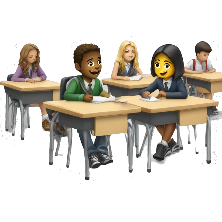 students chatting at school desks  emoji