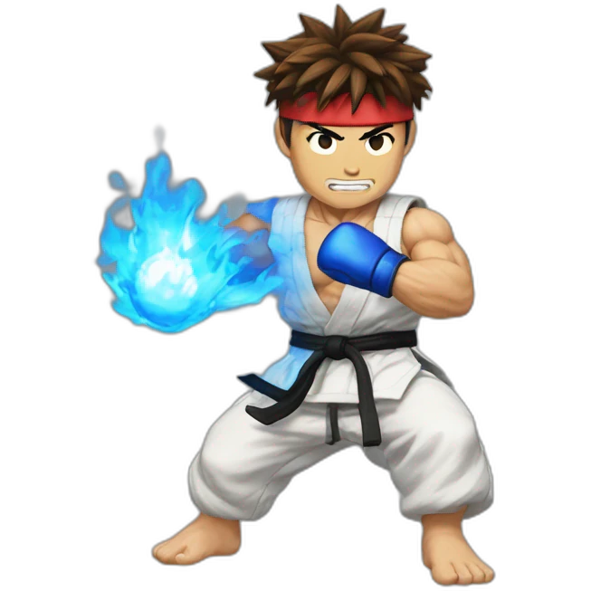 Ryu from street fighter doing a blue fireball hadolen emoji
