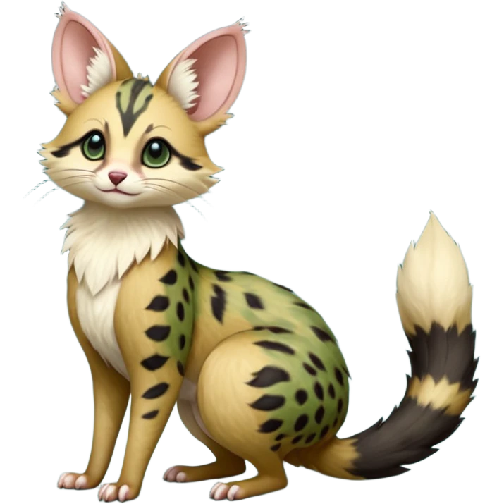 Dark-Green, black-pointed, soft natural realistic romantic vintage antique divine beautiful elegant pretty precious cute young youthful  Fakémon-Pokémon-opossum-feline-mouse-serval-caracal-chinchilla-Minccino-Cinccino-Meowstic-rodent-hybrid-creature with a tail (full body) emoji