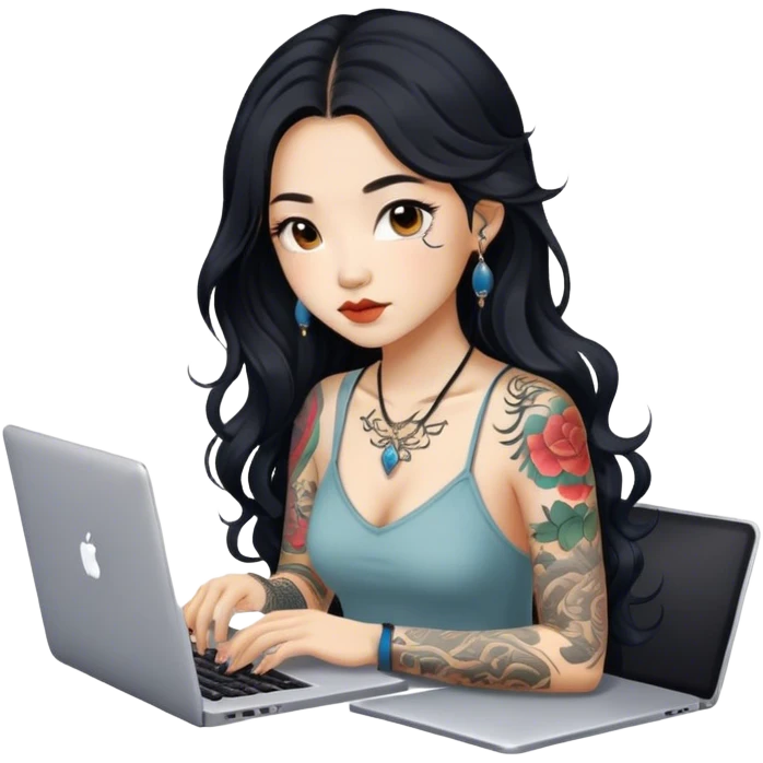 beautiful girl, with tattoos, with long black hair, wavy hair, chinese, with laptop emoji