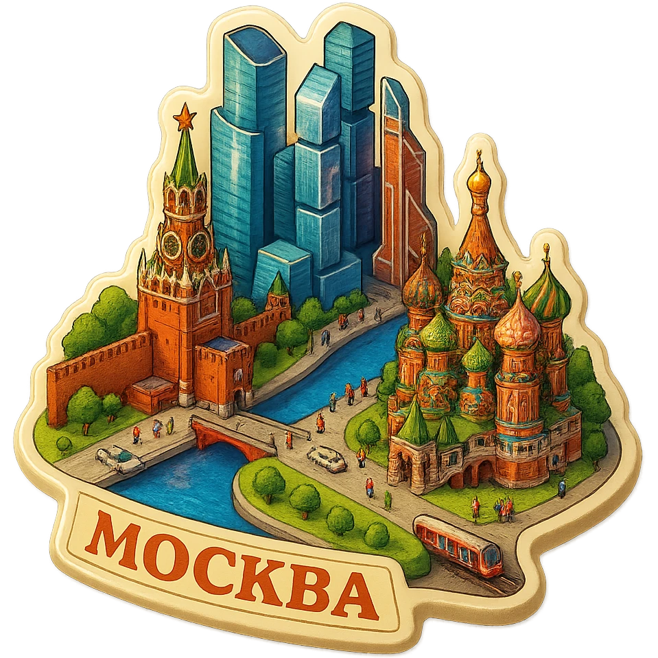 Изометричная миниатюрная 3D модель Москвы на подставке - фотореалистичный Кремль, собор Василия Блаженного, фотореалистичный Башни Москва-Сити, аккуратная детализация, яркие цвета, мультяшный реализм, гуляют люди и современный автотранспорт и метро, компактная композиция, вид сверху в изометрии emoji
