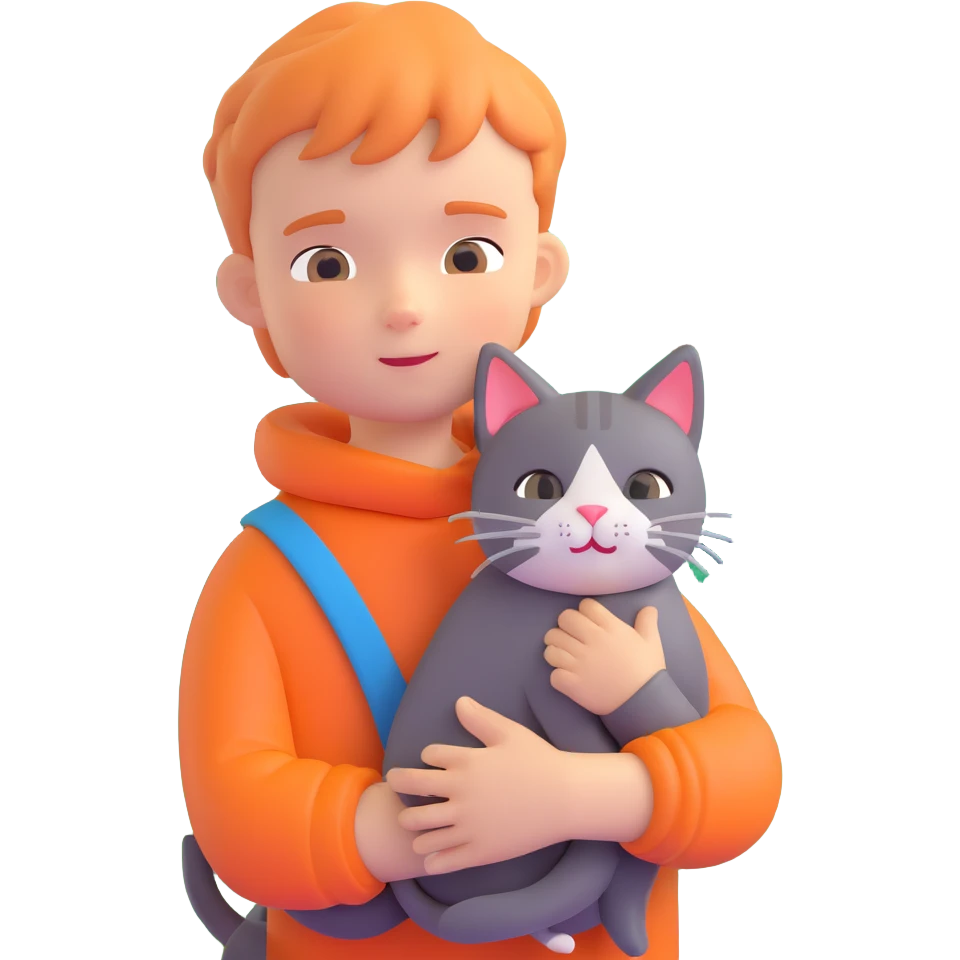 boy and cat pet in forrest background, close up pose emoji