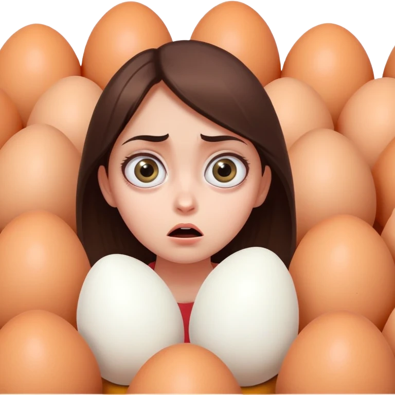 The girl looks with big eyes with fear at the huge eggs emoji