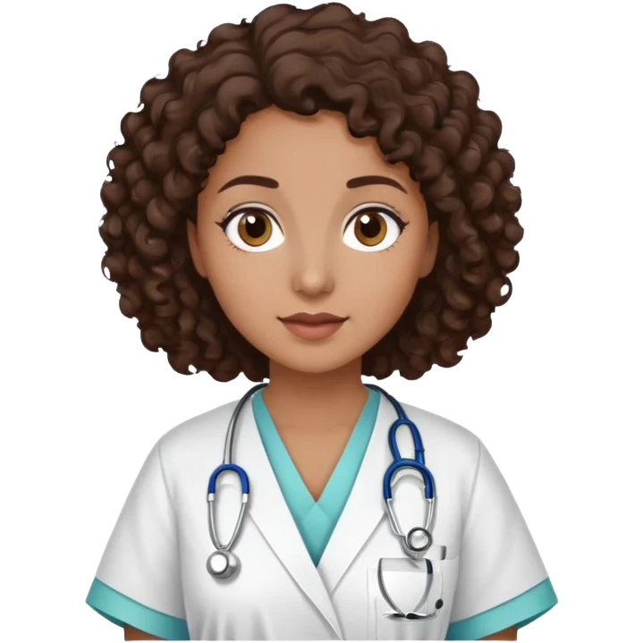 mulher com cabelo cacheado castanho escuro, pele marrom médio, olhos castanhos escuros, usando jaleco hospitalar, sem estetoscópio emoji