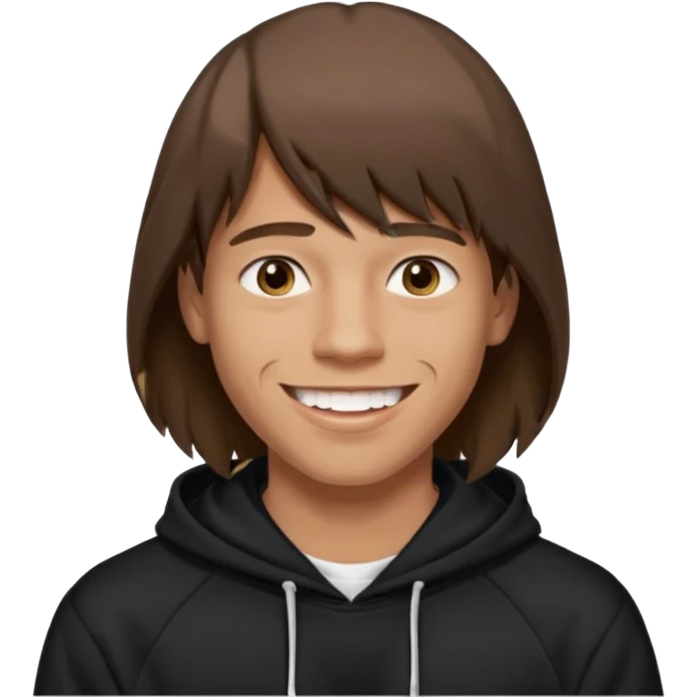 20 yr old man, brown hair, straight, big smile, white teeth, tanned skin, bangs, black hooded sweatshirt, long hair in back, center-parted bangs, big lips emoji