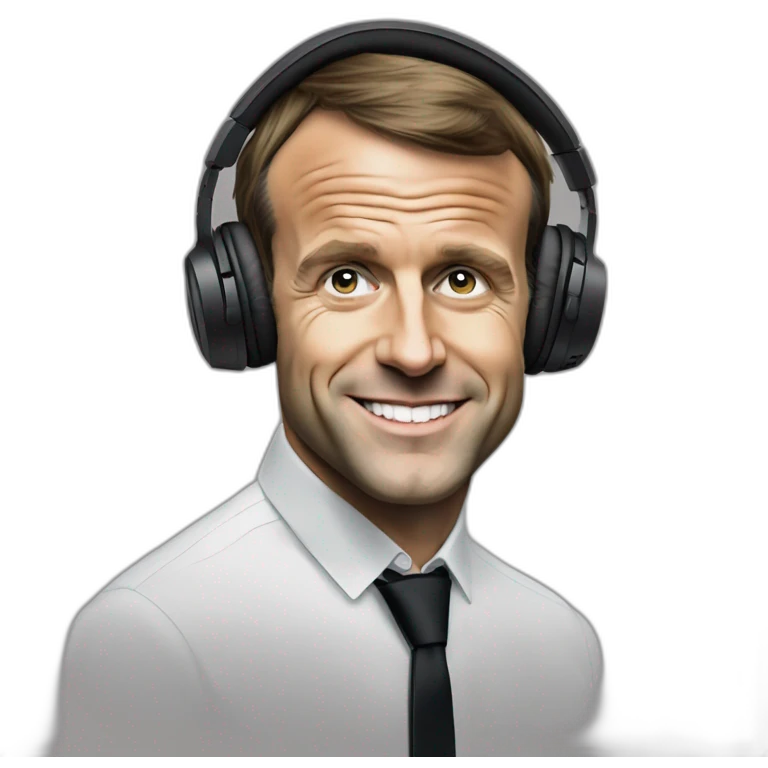 Emmanuel Macron with iPhone wired to earphones vibing at the music emoji