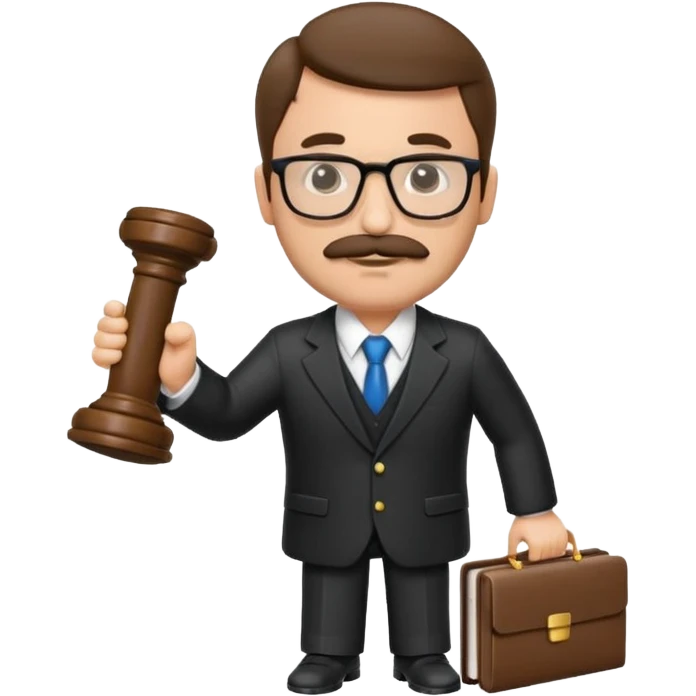 “Create a clean, modern emoji-style illustration of a male lawyer. He is wearing a formal suit jacket. He is holding a judge’s gavel (QUE SE VE DE COSTADO) in one hand and has a law book tucked under his arm. He has a mustache and a short beard, and GLASSES emoji