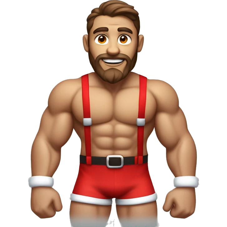 An athletic, muscular Santa Claus figure with brown hair, without beard, wearing only bright red boxer shorts with suspenders and socks  emoji