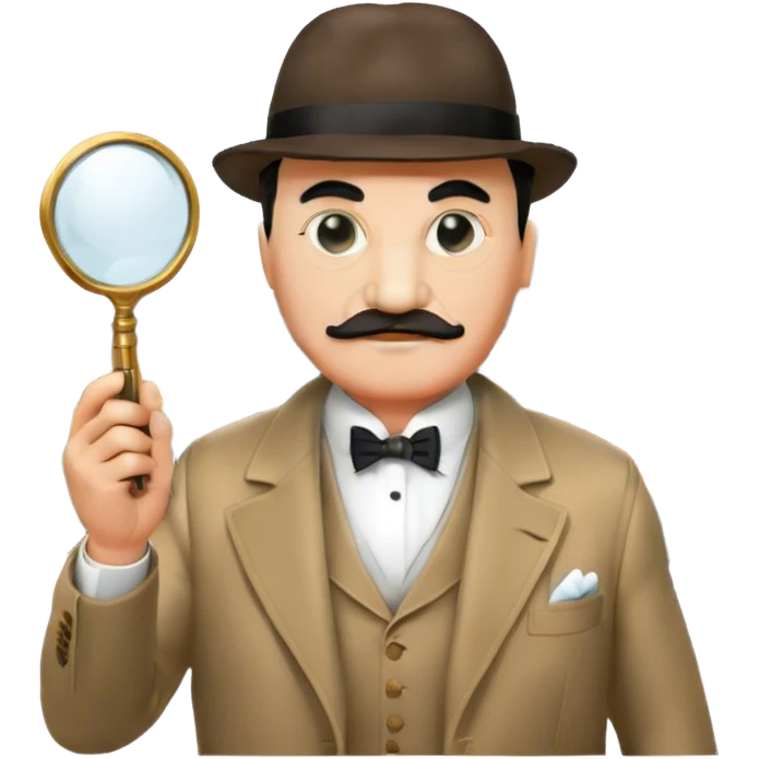 A cinematic-style frame showing Hercule Poirot in his iconic suit with a magnifying glass in a dramatic detective pose. Background should be mysterious city background and subtle clues like fingerprints or a crime scene. Transparent background. emoji