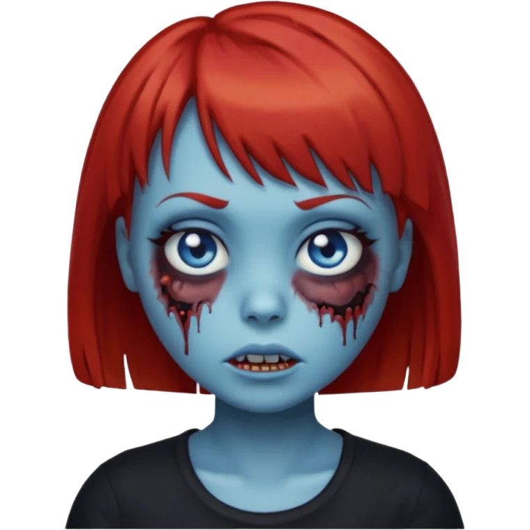 Zombie girl emoji with short red hair and bangs. Blue eyes, fair skin, and a black top. emoji
