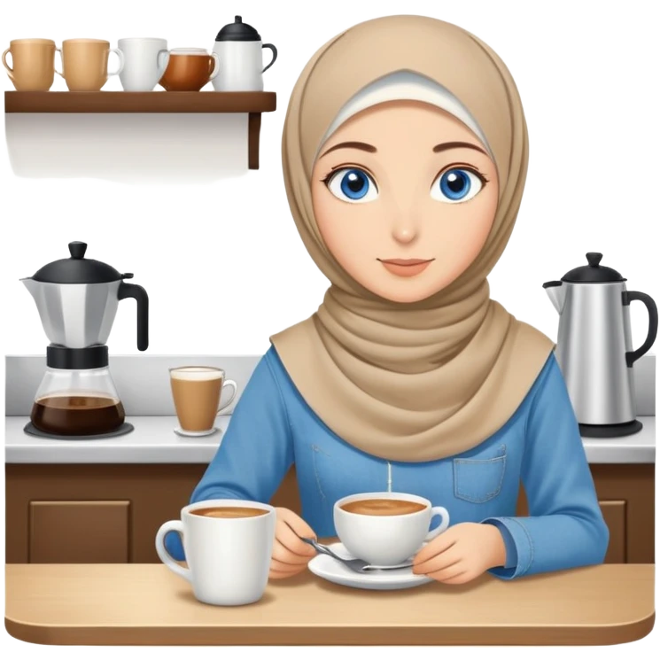 Turkish beautiful finish Konya two girls blue eyes with beige denim hijab islamic dress and make breakfast in coffeehouse emoji