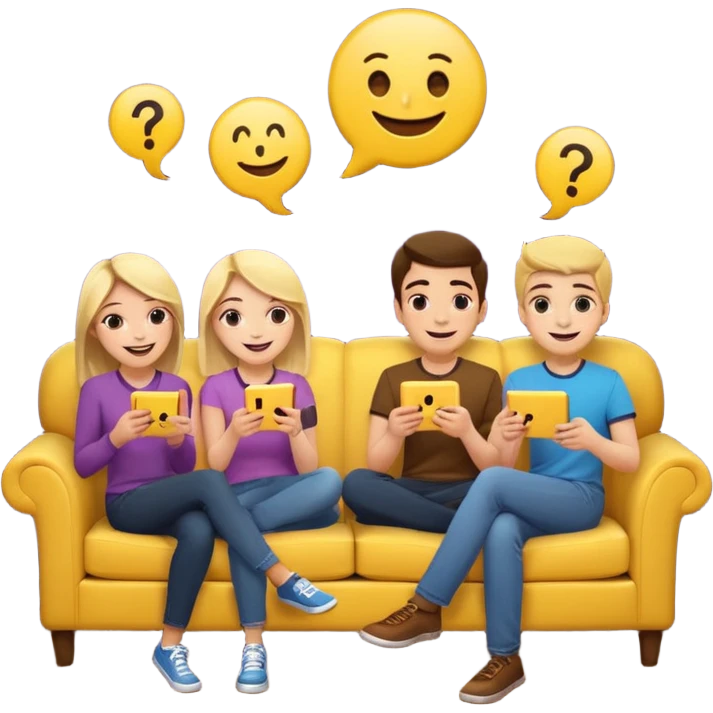 group of friends on couch playing a trivia game couch should be deep dark yellow color.  include a small wooden table in front of the couch as well.  Add 1 smiling face emoji and 2 question marks above their heads emoji