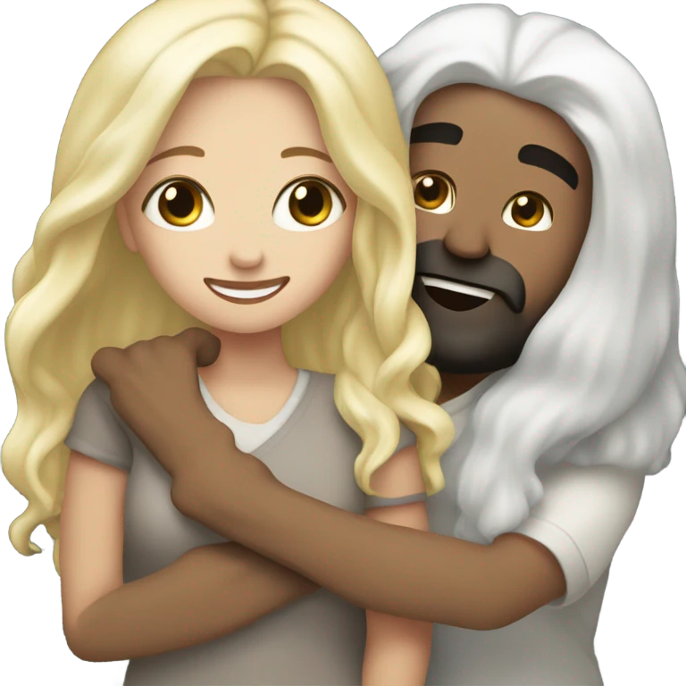 Man, white skin, black hair, long beard hugging white woman, long blonde hair  emoji