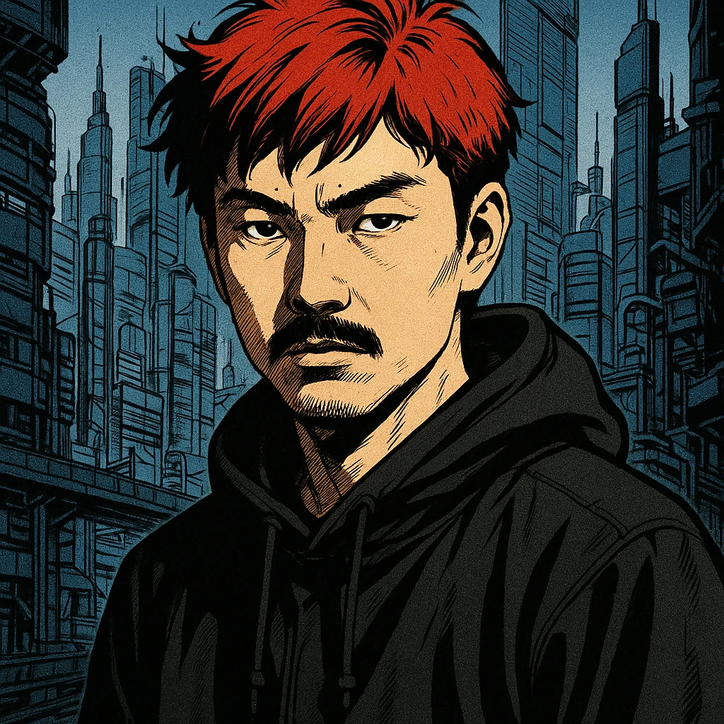 Asian man with black mustache, red hair, black hoodie, Ghost in the Shell manga style, futuristic city background, sharp shadows, high detail emoji