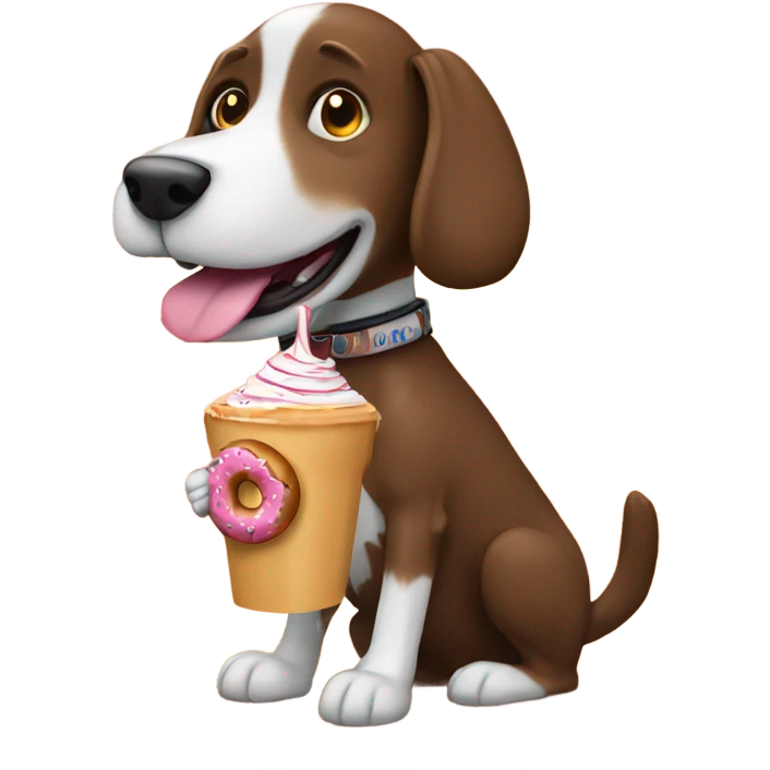 A dog riding a donut in the desert with a chocolate milkshake in his mouth  emoji