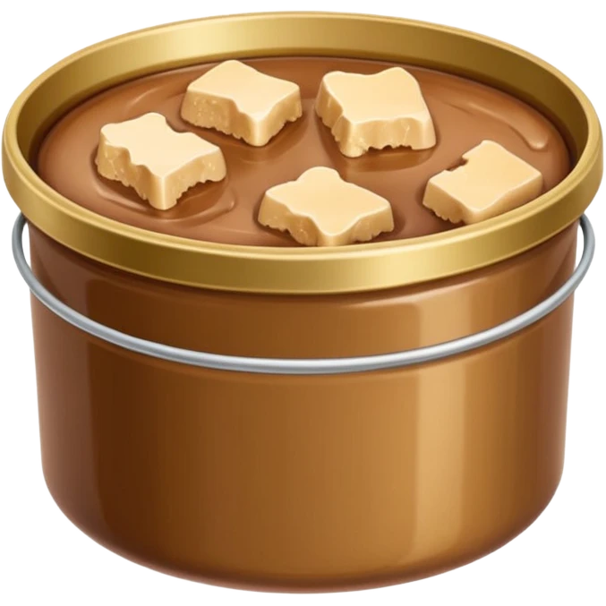 open metal can filled with soft moist chunks or smooth pâté in natural brown tones, slightly glossy gelatinous surface, clean edge, no label, no pet, spoon, or bowl, just the open can and contents, apple emoji style, soft lighting, subtle shadows, transparent background, emoji scale emoji