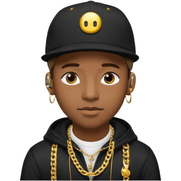 black guy with golden chains earbuds and a snapback cap emoji