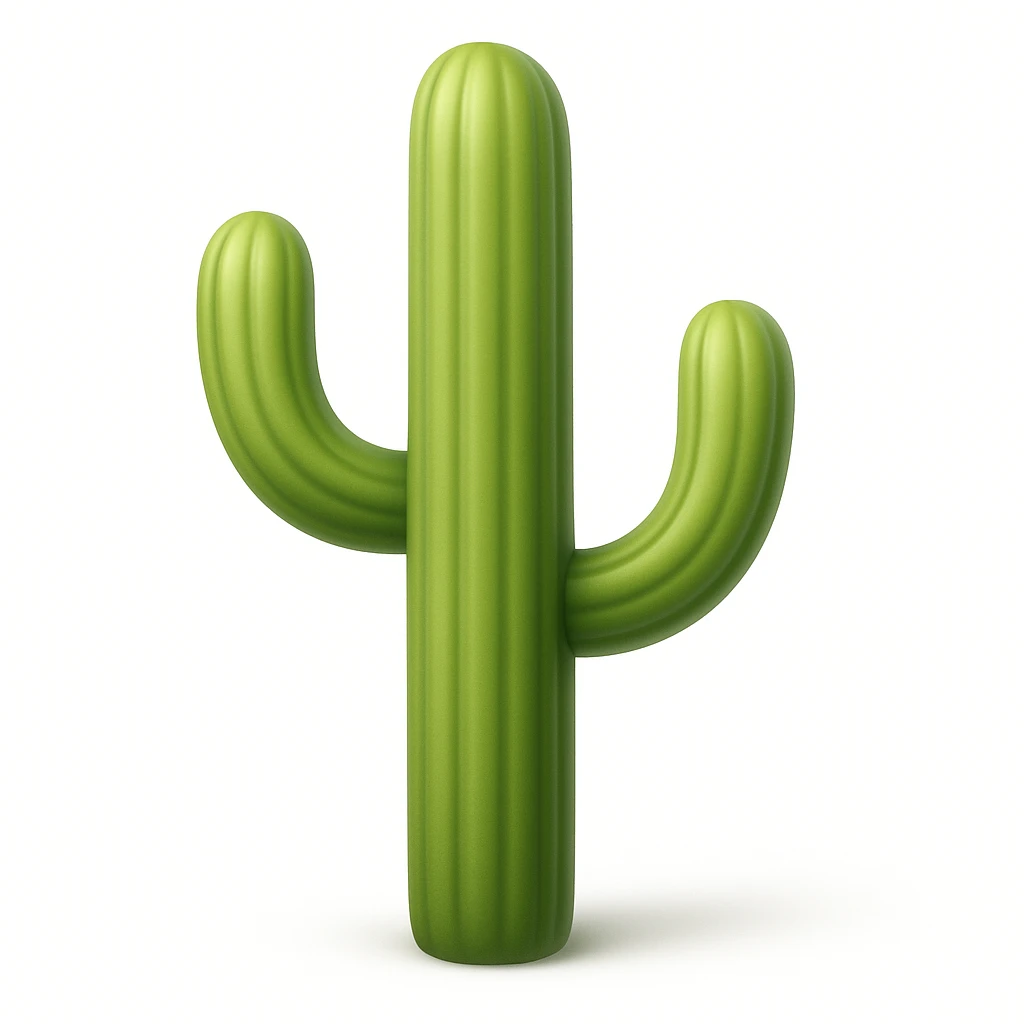 Create a cactus emoji that looks exactly like the reference image in iOS emoji style. The emoji should have 3D appearance, shiny surface, smooth gradients, soft shadows, and a realistic cactus shape with a classic emoji look. Add a soft shadow under the cactus. emoji