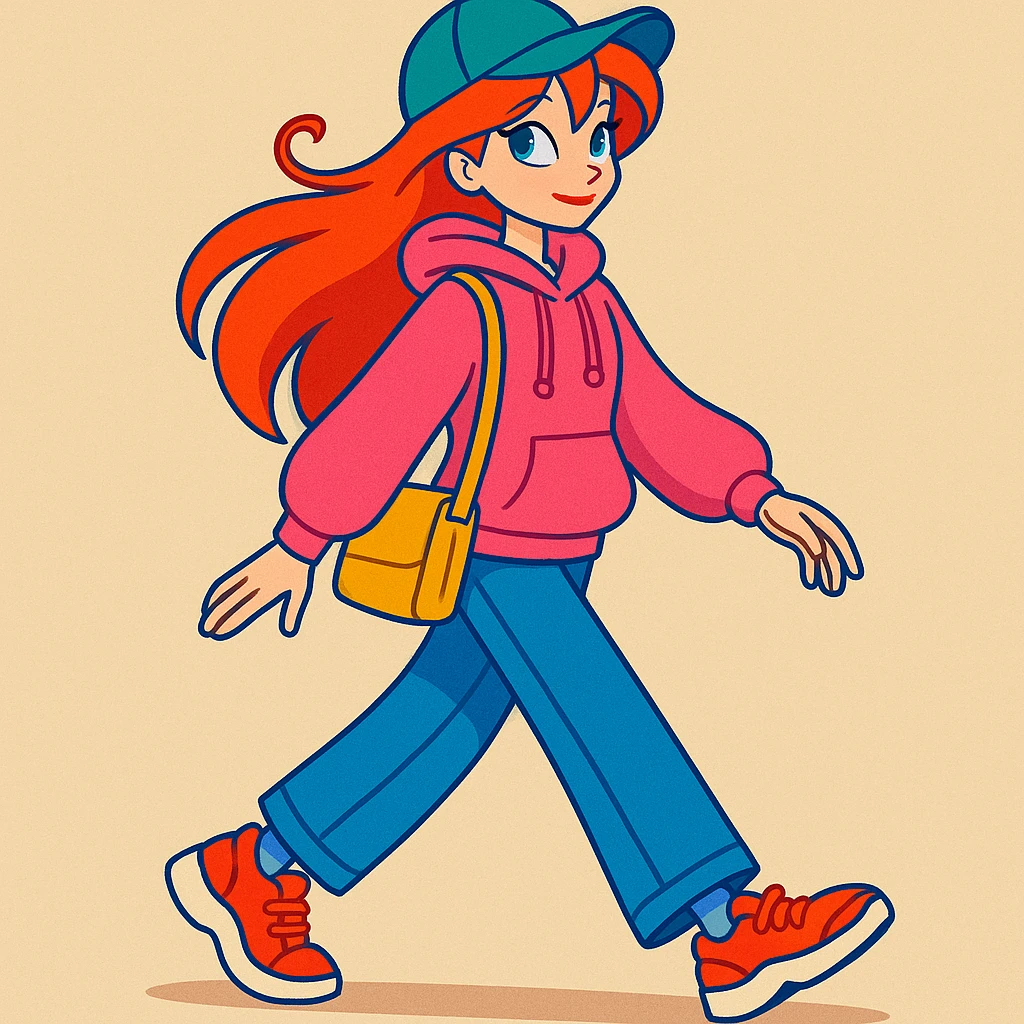 Bloom from Winx Club in casual clothes, walking, vibrant toon style, no spellcasting, fashionable streetwear, relaxed expression emoji
