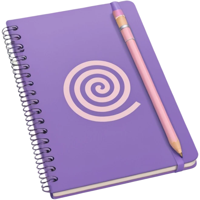 soft purple notebook with spiral binding, white text 'schedule' on the cover, soft pink pencil on it, iOS emoji style emoji
