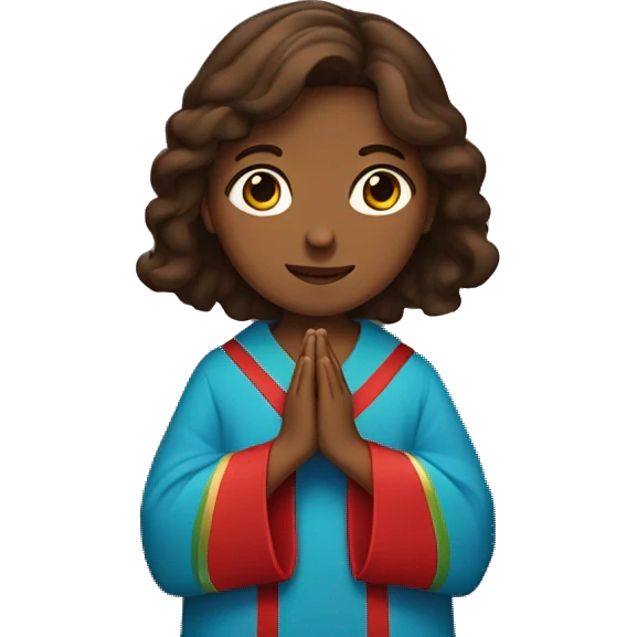 Brown haired and brown skinned women with red,blue, a little bit of green robe with her hands praying  emoji