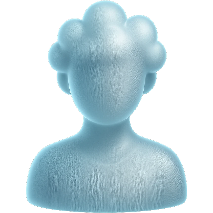 front view, person made of fluffy white clouds, shoulder up, matte glass style emoji