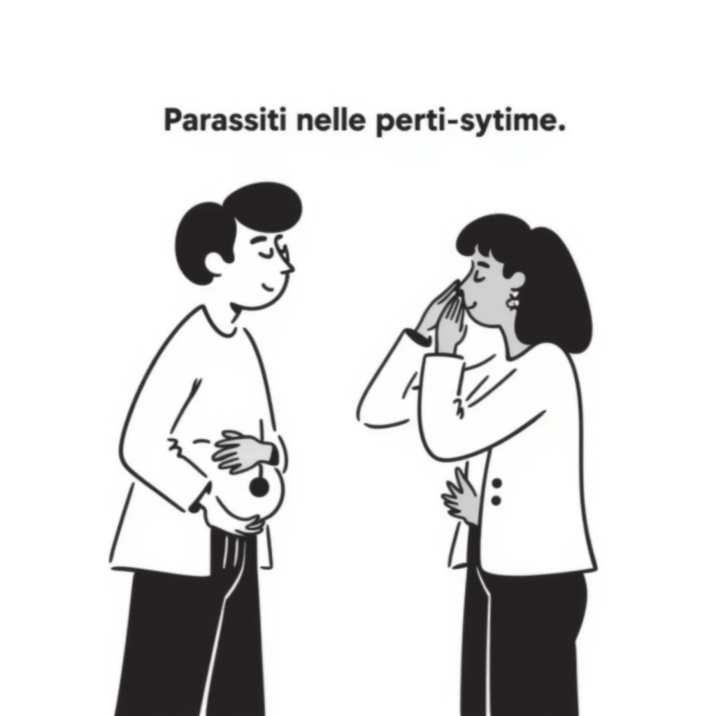 realistic and discreet medical illustration of a man and a woman with pained expressions, holding their intimate areas without explicit details, with the text 'Parassiti nelle parti intime' above in Italian, educational and respectful tone emoji
