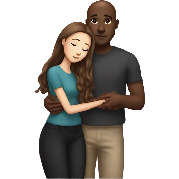Beautiful Girl with long brown hair and boy with brown hair cuddling, Bald black man  emoji