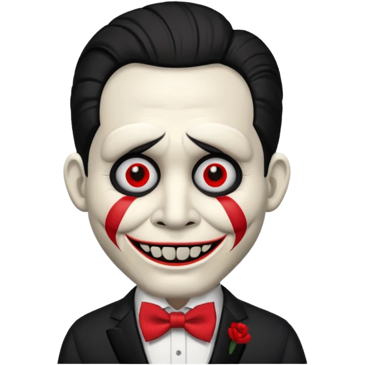 Billy the puppet from Saw, emoji style, white face, red bow tie, black suit, red eyes emoji