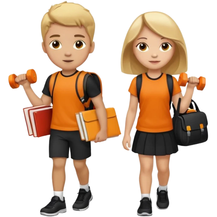 light skin students girl and boy with school bag full of books on hand and dumbell in other hand. Clothes are in black and orange colours. They are going to the gym. They have brown and blonde hair. Dumbell is visible in hand emoji