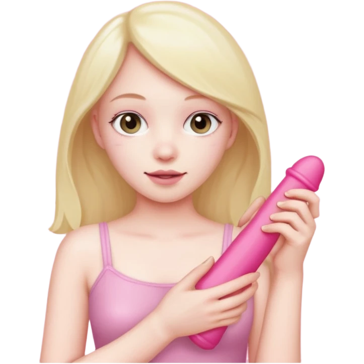 Голая с небольшими сиськами держит резиновый член в руках emoji