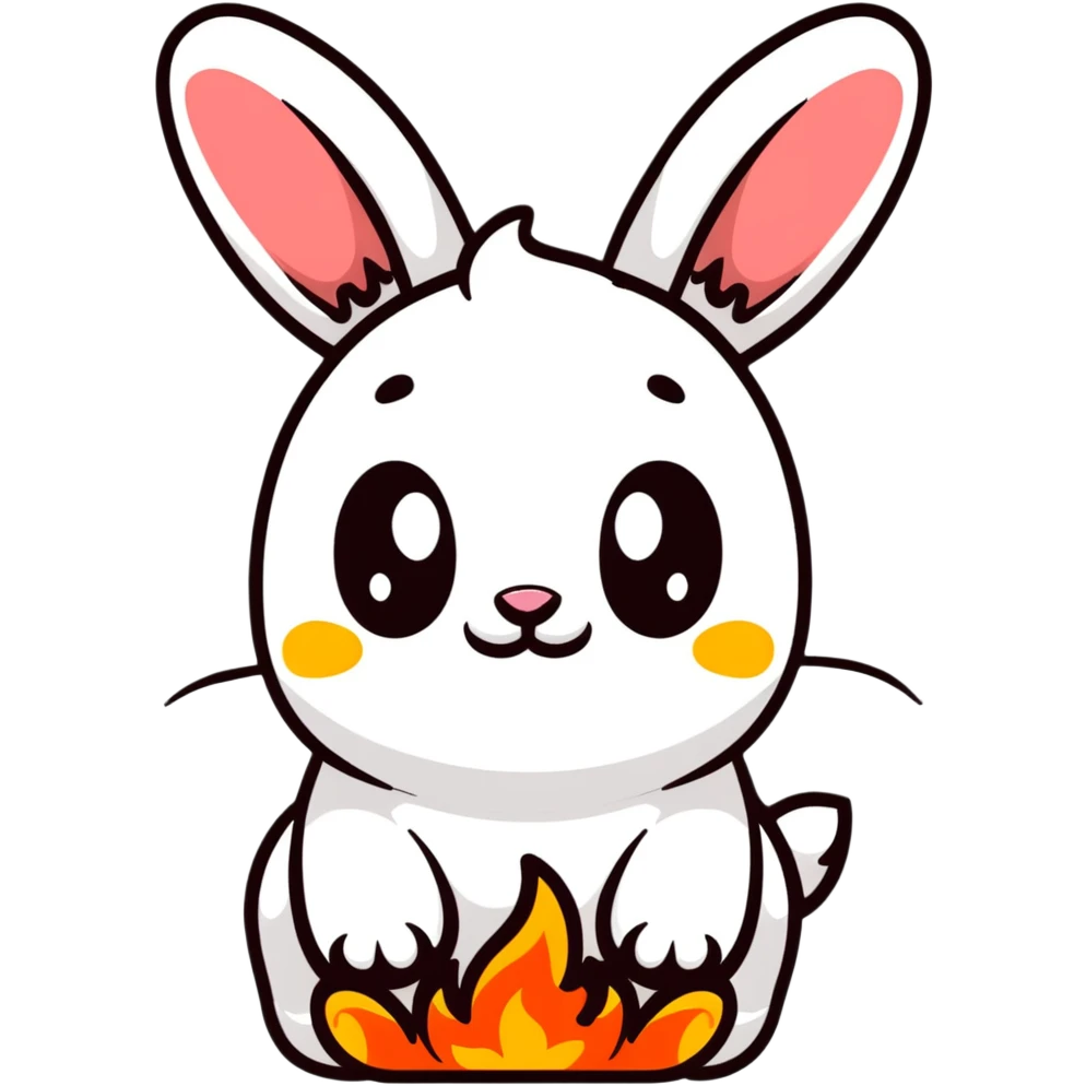 Adorable bunny with fire paws, flames burning from feet, cute happy face emoji