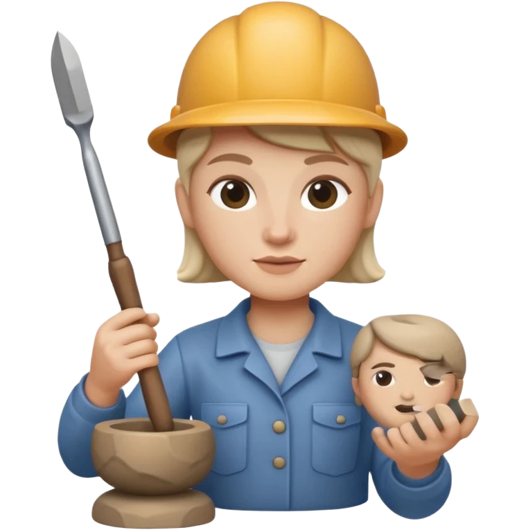Apple Memoji-style 3D emoji of a sculptor with a small statue and chisel, smooth gradients, rounded edges, no background.during sculpting rock emoji