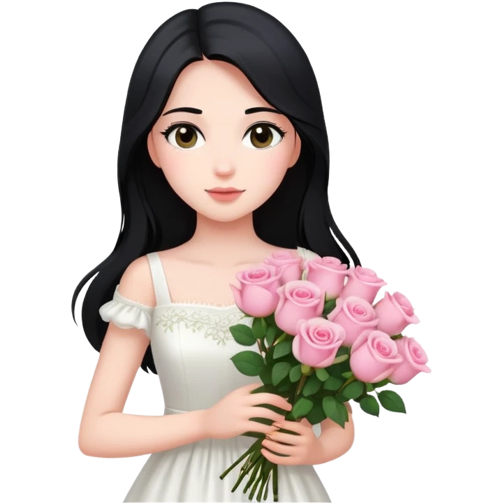 A beautiful girl with long black hair and a white dress is holding a bouquet of pink roses emoji