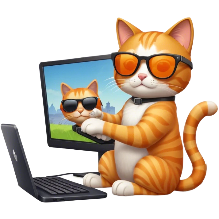 Cool cat wearing sunglasses playing Fortnite on a PC emoji