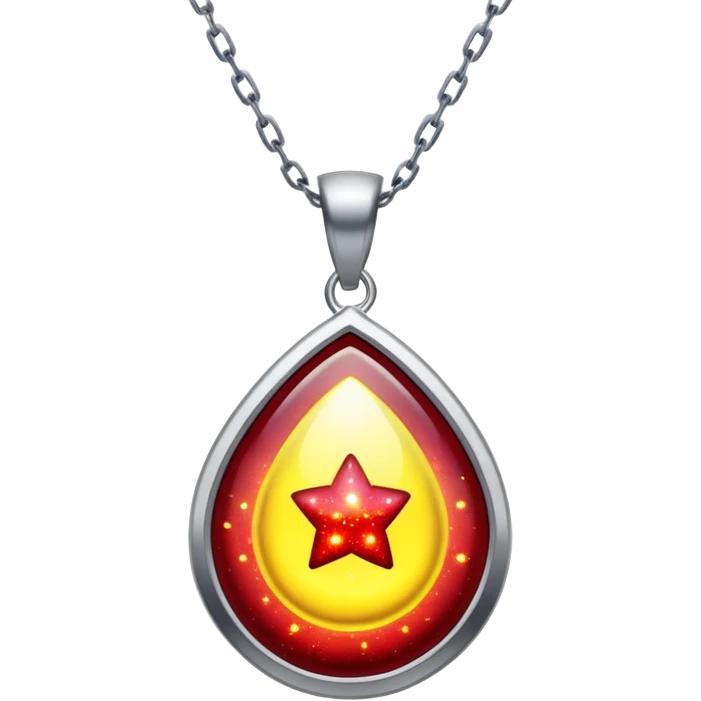 cosmic talisman: red-yellow glowing pendant, liquid silver chain, stardust particles emoji