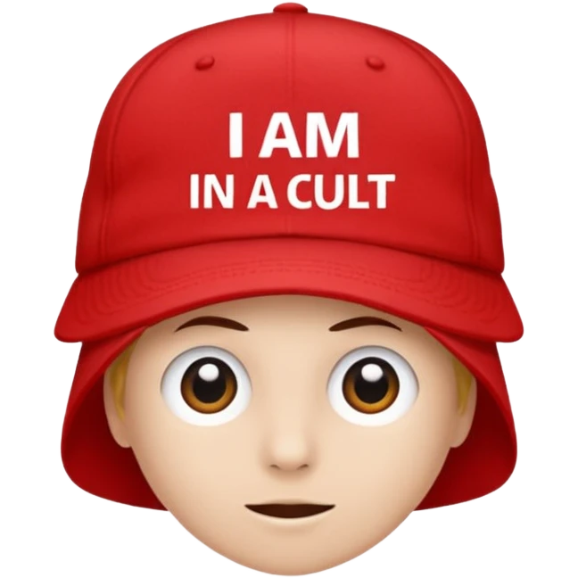 Red cap with no person wearing it that says "I AM IN A CULT" in white text emoji