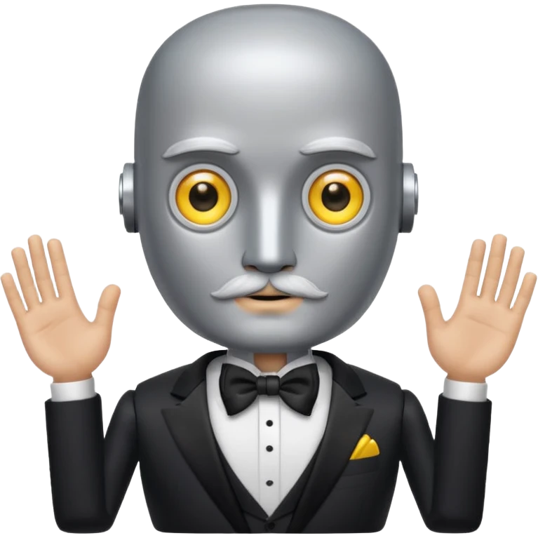 Silver robot with a square head, no hair, yellow eyes without pupils, thick moustache, wearing a tuxedo, buff emoji
