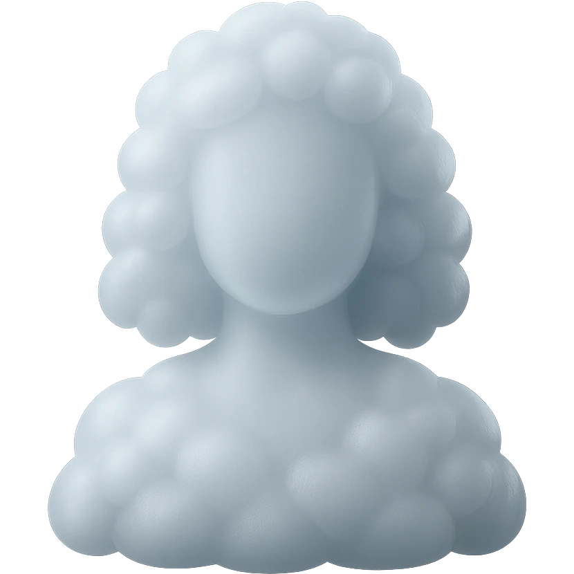 faceless person, facing straight, made entirely of white fluffy convex clouds, shoulder length, no shadows, matte glass style emoji