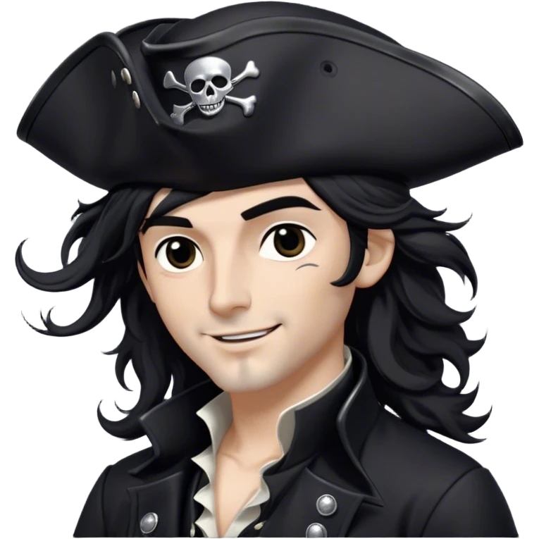 A charismatic pirate with wavy black hair tousled by the breeze. His silver-embroidered tricorn hat casts a shadow. Dark eyes glint with mischief as he looks to the side, a knowing smile on his lips. His black coat, adorned with silver buttons, shifts with the wind emoji