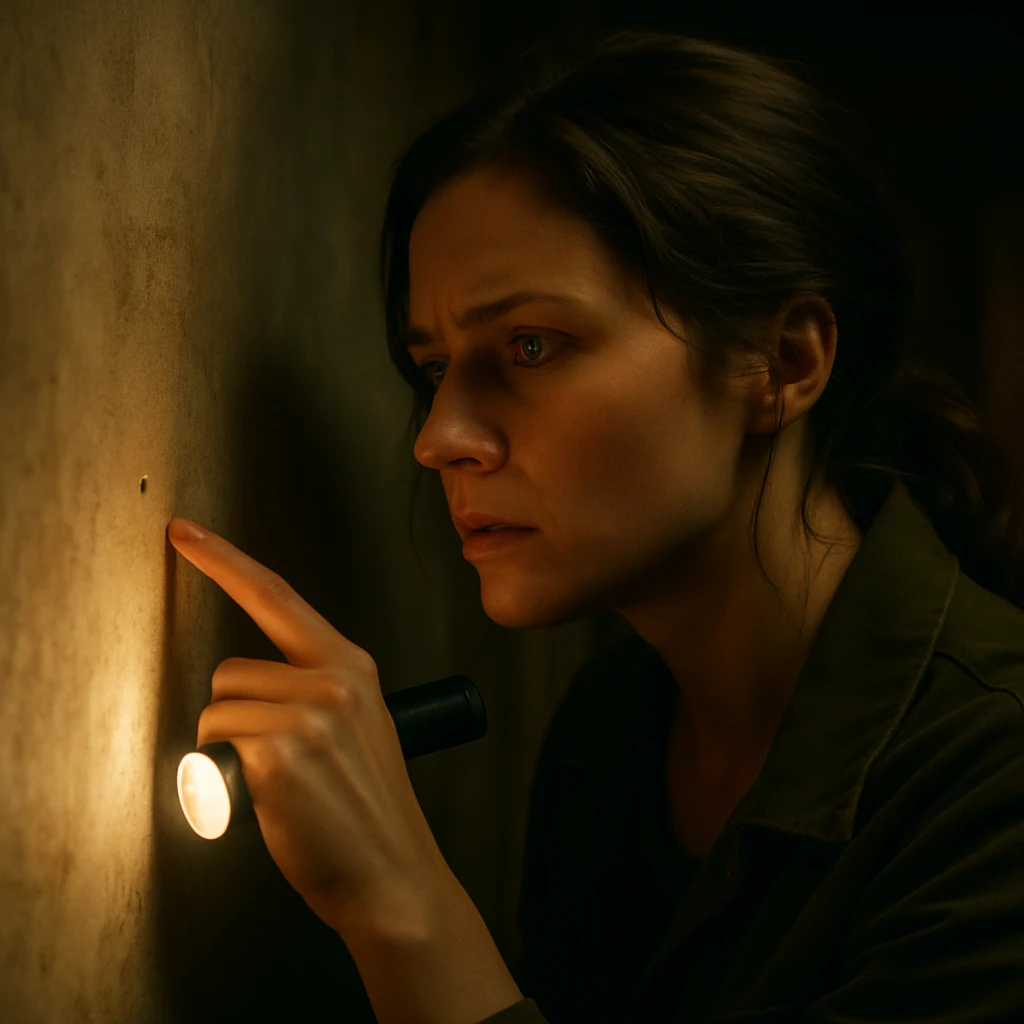 Cinematic still of a Woman looking for a dot emoji