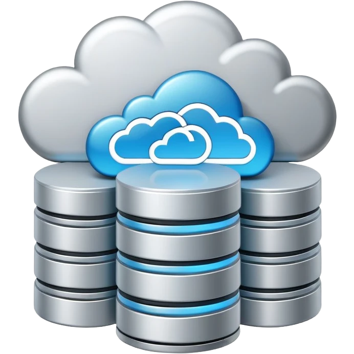 An icon featuring a database server, stacked data disks, and a cloud symbol, representing databases. The design includes binary code, a data structure diagram, and network connections, symbolizing data storage, management, and organization. Transparent background emoji