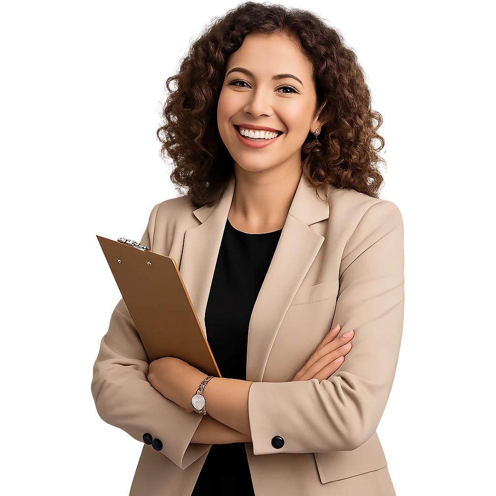 a beautiful, fancy woman as a happy and relaxed project manager, in a professional yet cheerful pose emoji
